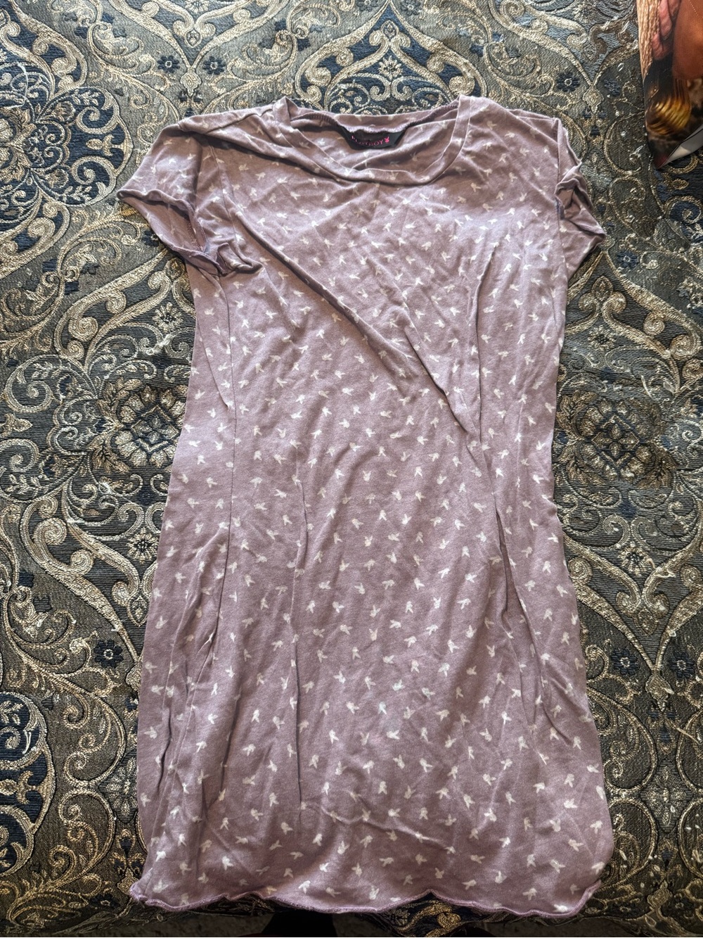 Y2K PLAYBOY Mauve Mini Dress with White Bird Print